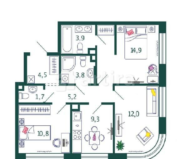 2-комн. квартира, 66.1 м2, 3/17 эт. Москва - изображение 13