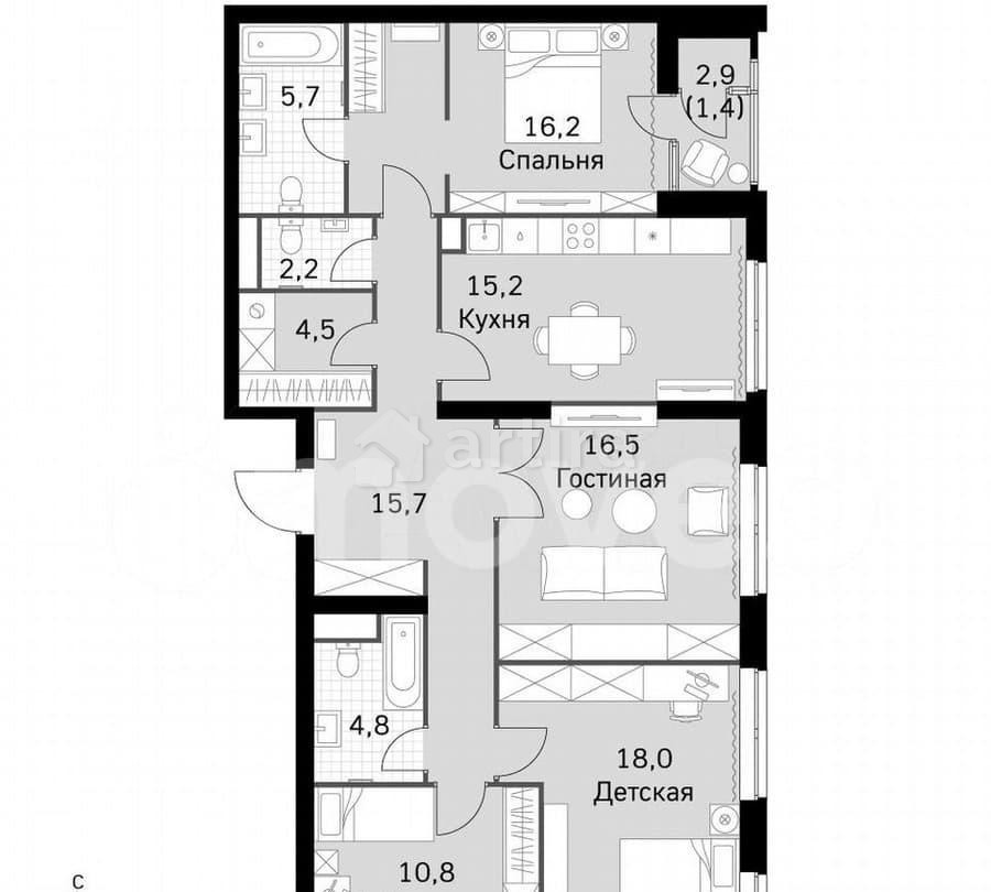 4-комн. квартира, 109.9 м2, 7/43 эт. Москва - изображение 7