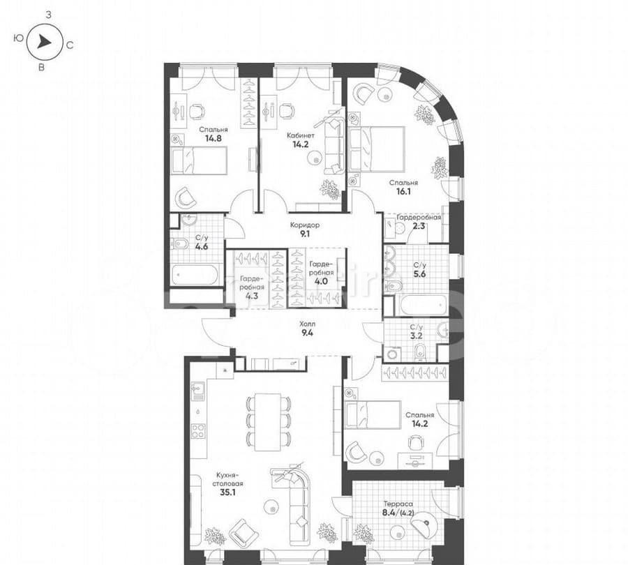 4-комн. квартира, 141.1 м2, 12/16 эт. Москва - изображение 2