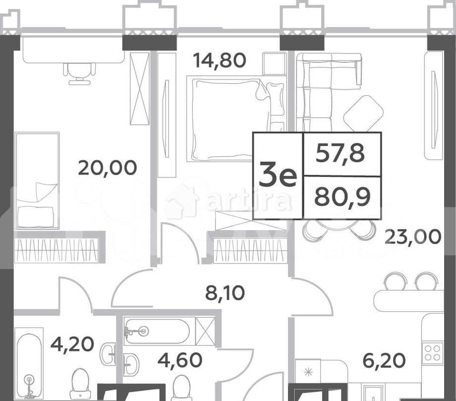 3-комн. пентхаус, 80.9 м2, 43/52 эт. Москва - изображение 1
