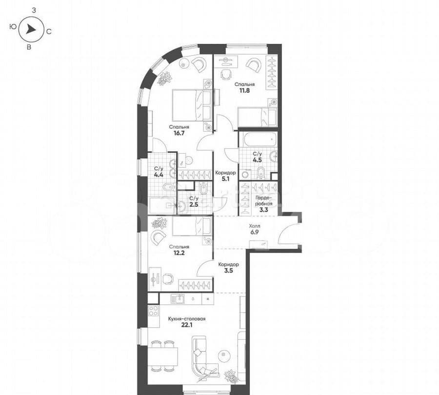 3-комн. квартира, 93 м2, 7/16 эт. Москва - изображение 3