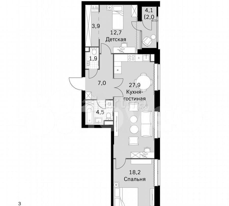 3-комн. квартира, 76.9 м2, 20/43 эт. Москва - изображение 4