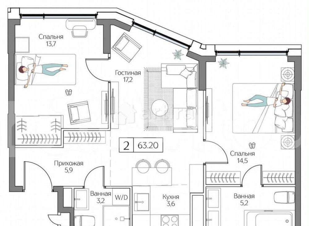 2-комн. квартира, 63.2 м2, 15/24 эт. Москва - изображение 1