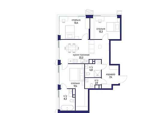 3-комн. квартира, 87.72 м2, 14/24 эт. Москва