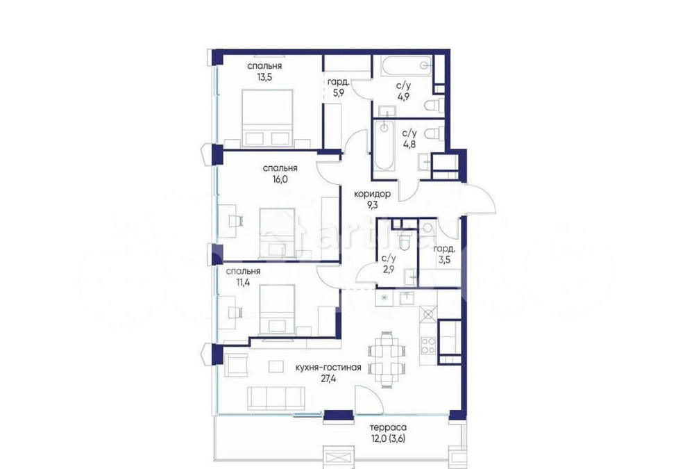 3-комн. квартира, 103.2 м2, 20/24 эт. Москва - изображение 1