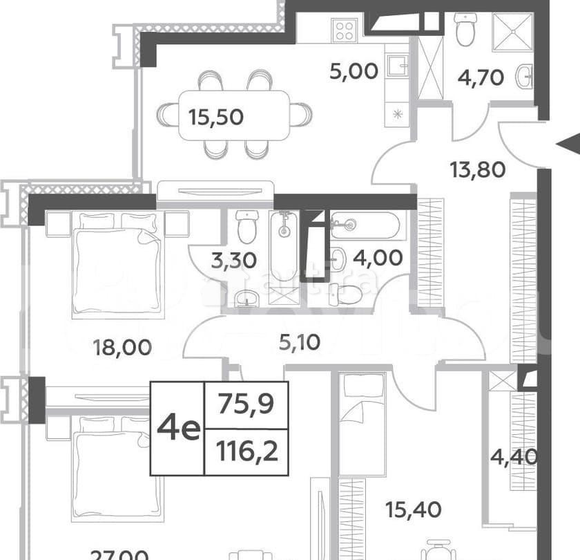 4-комн. пентхаус, 116.2 м2, 27/52 эт. Москва - изображение 1
