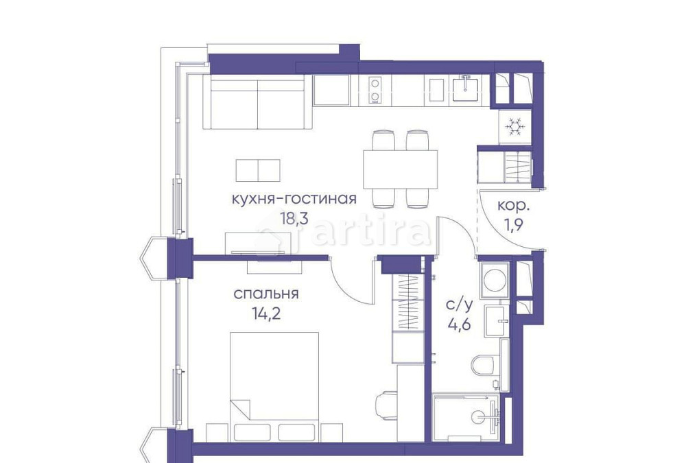 1-комн. квартира, 39.02 м2, 3/19 эт. Москва - изображение 2