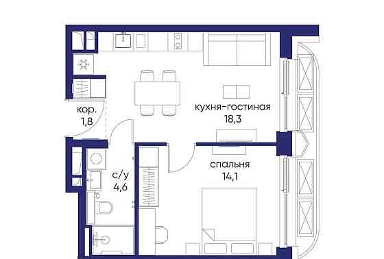 1-комн. квартира, 38.82 м2, 5/19 эт. Москва