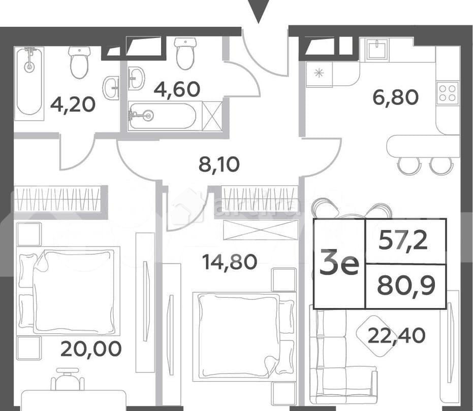 3-комн. пентхаус, 80.9 м2, 32/52 эт. Москва - изображение 1