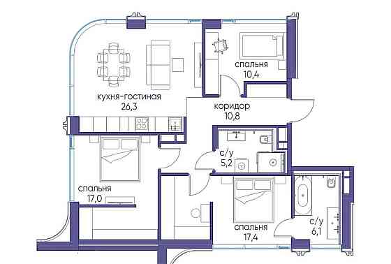 3-комн. квартира, 93.22 м2, 9/13 эт. Москва