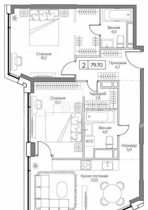 2-комн. квартира, 79.7 м2, 21/27 эт. Москва - изображение 1