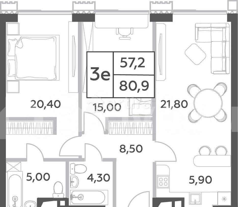 3-комн. пентхаус, 80.9 м2, 44/52 эт. Москва - изображение 1