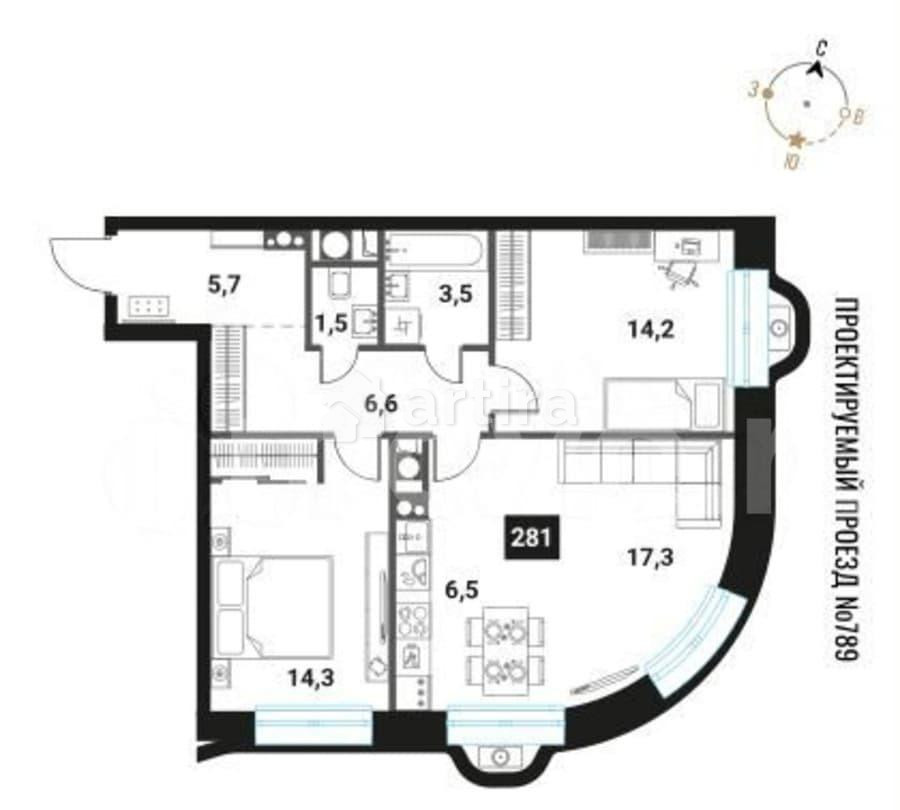 3-комн. квартира, 69.6 м2, 27/28 эт. Москва - изображение 1
