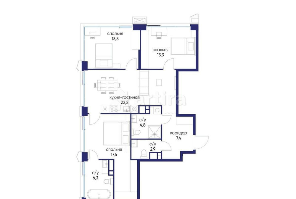 3-комн. квартира, 87.62 м2, 7/24 эт. Москва - изображение 1