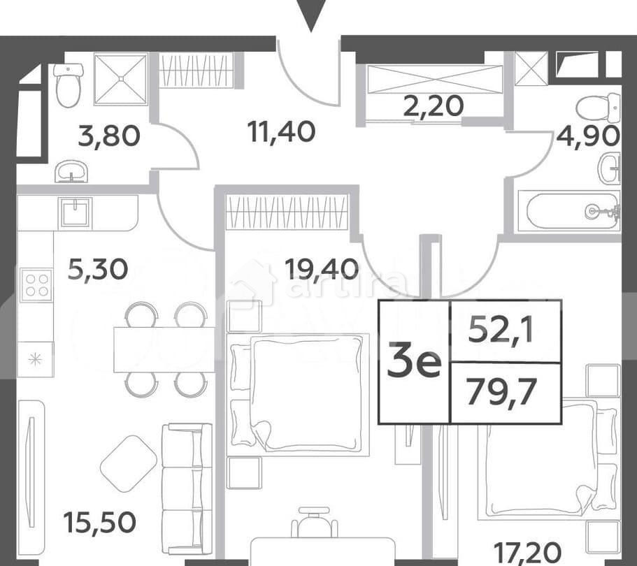 3-комн. пентхаус, 79.7 м2, 41/52 эт. Москва - изображение 1