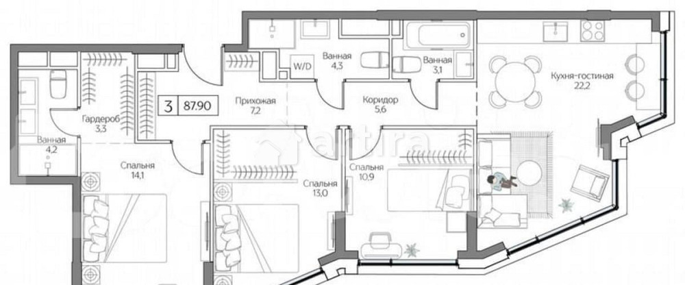 3-комн. квартира, 87.9 м2, 19/26 эт. Москва - изображение 1