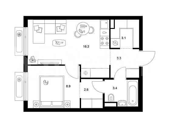 1-комн. квартира, 37.6 м2, 2/19 эт. Москва