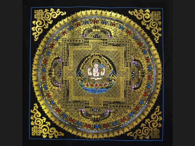 Tibetan Thangka: Golden Kalachakra Mandala (on canvas), 50×50 cm