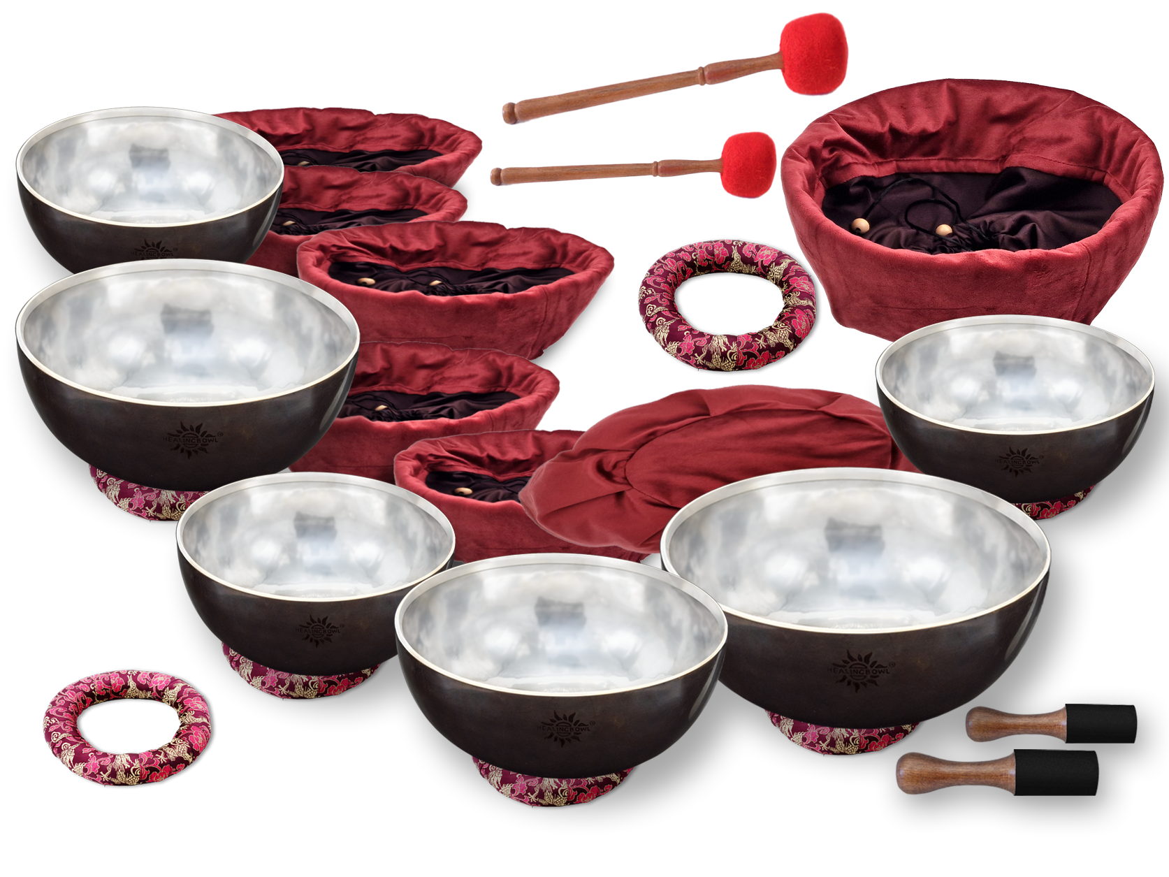 Healingbowl® Professional Himalayan Pearl® Royal 7-Piece Singing Bowl Set 22.6 - 28.6 cm
