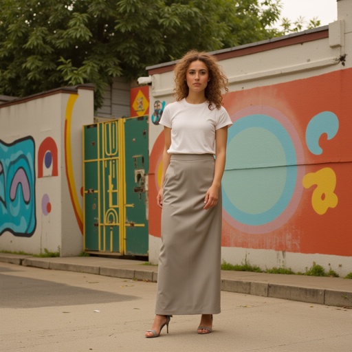 Белая длинная футболка, светло-серый кожаный юбка и лодочки — стильный повседневный ансамбль для уверенной женщины.