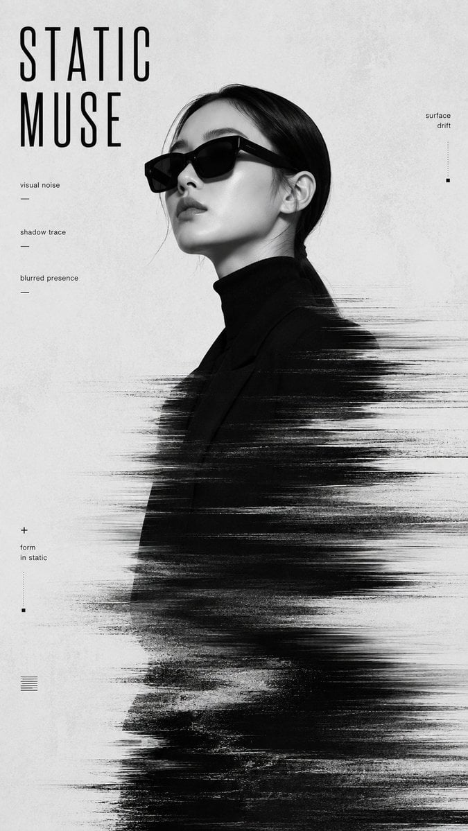 Экспериментальный fashion-постер: холодный портрет модели с глитч-искажениями, линиями сетки и футуристичной типографикой.