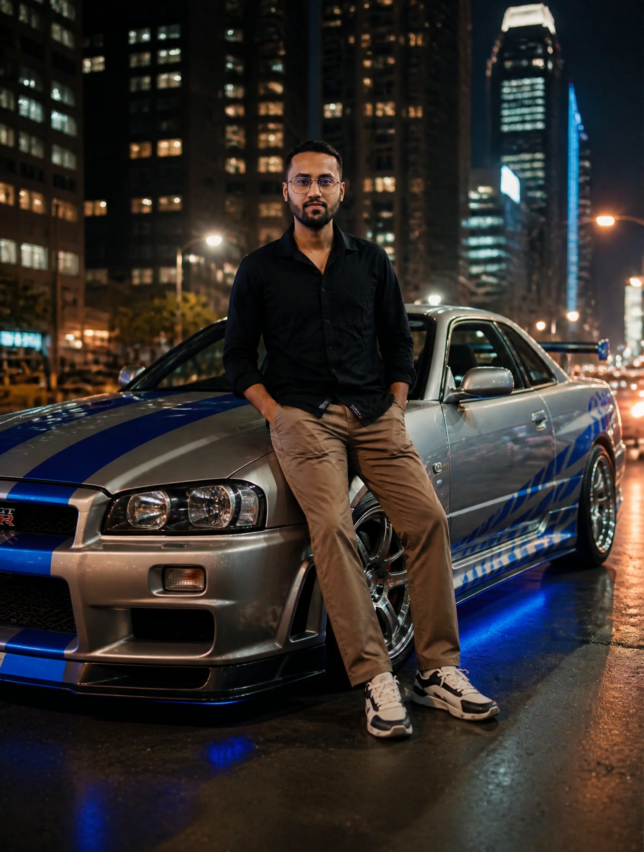 Девушка сидит на серебристом Nissan Skyline GTR R34 с синими гоночными полосами на ночной городской улице.