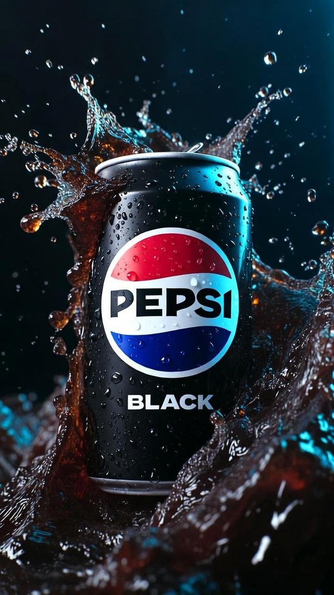 Ледяная банка Pepsi Black в конденсате среди застывших тёмных всплесков колы.