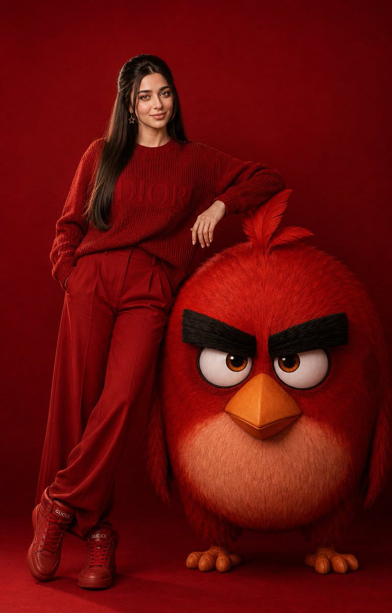 Девушка в монохромном красном образе позирует рядом с Редом из Angry Birds в красной студии.