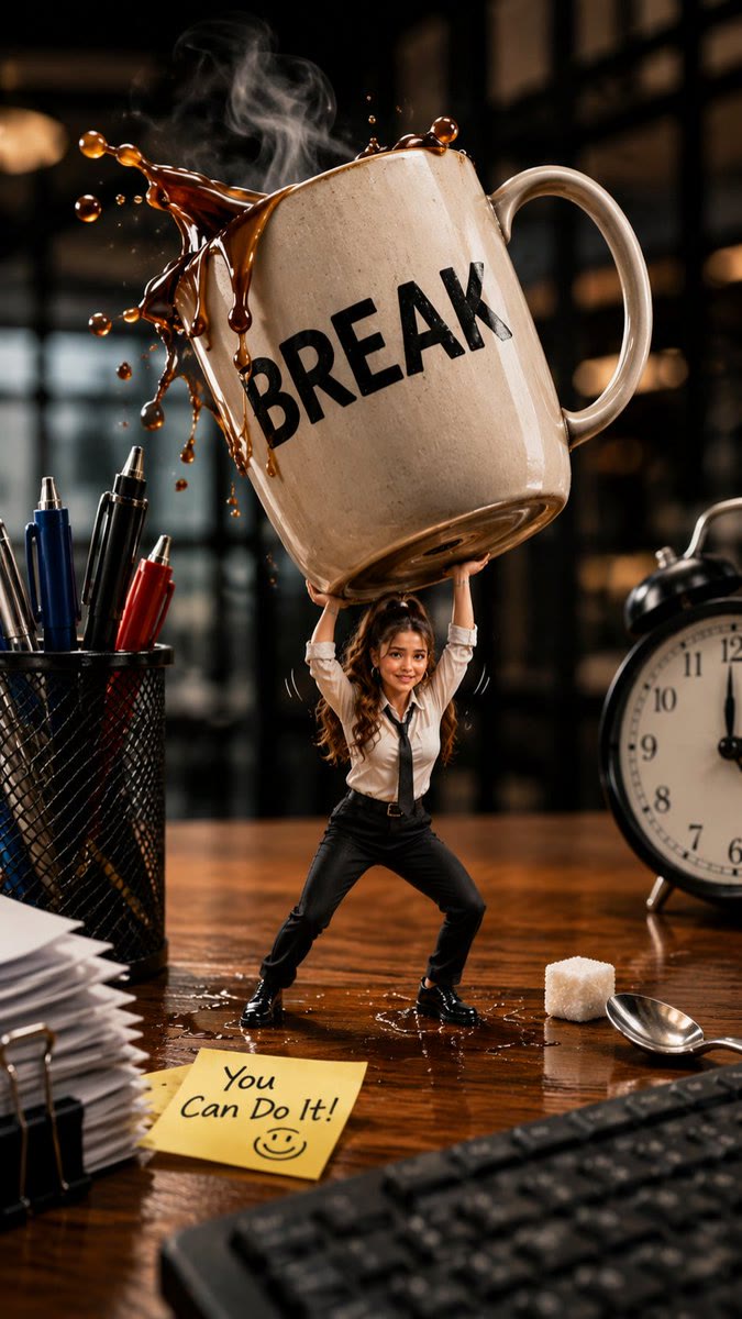 Крошечный бизнесмен на офисном столе держит над головой огромную кружку кофе с надписью BREAK.