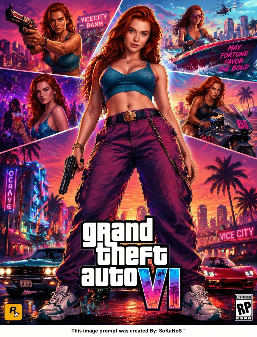 Игровой постер в стиле GTA VI: персонаж в полный рост на фоне неонового Майами с пальмами и машинами.