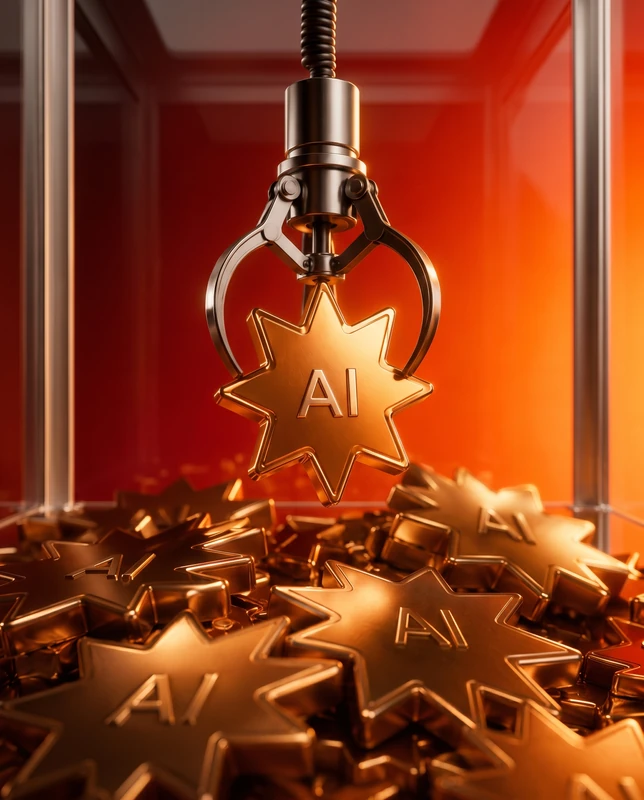 Клешня игрового автомата достаёт золотую звезду с надписью AI из груды таких же