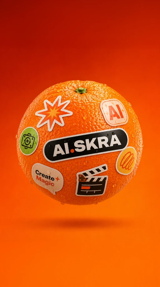 Апельсин со стикерами «AI.SKRA», хлопушкой и камерой — брендинг студии