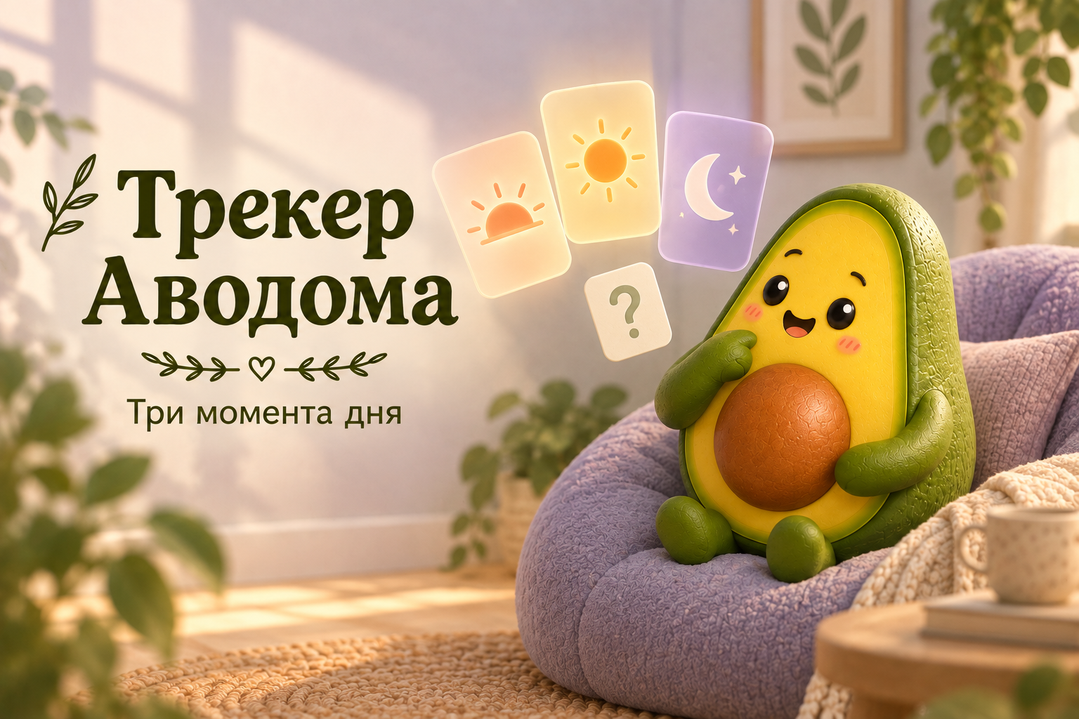 Авокадик Аводома рядом с карточками утра, дня, вечера и вопроса дня