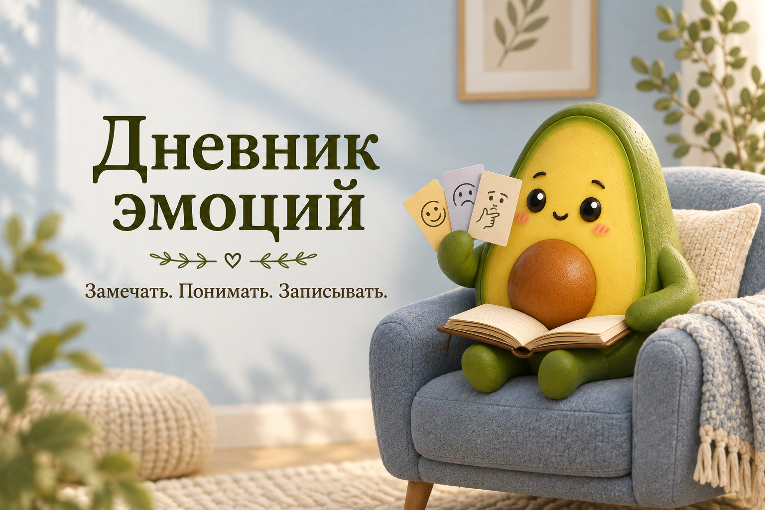 Авокадик Аводома в голубом кресле с дневником и карточками эмоций