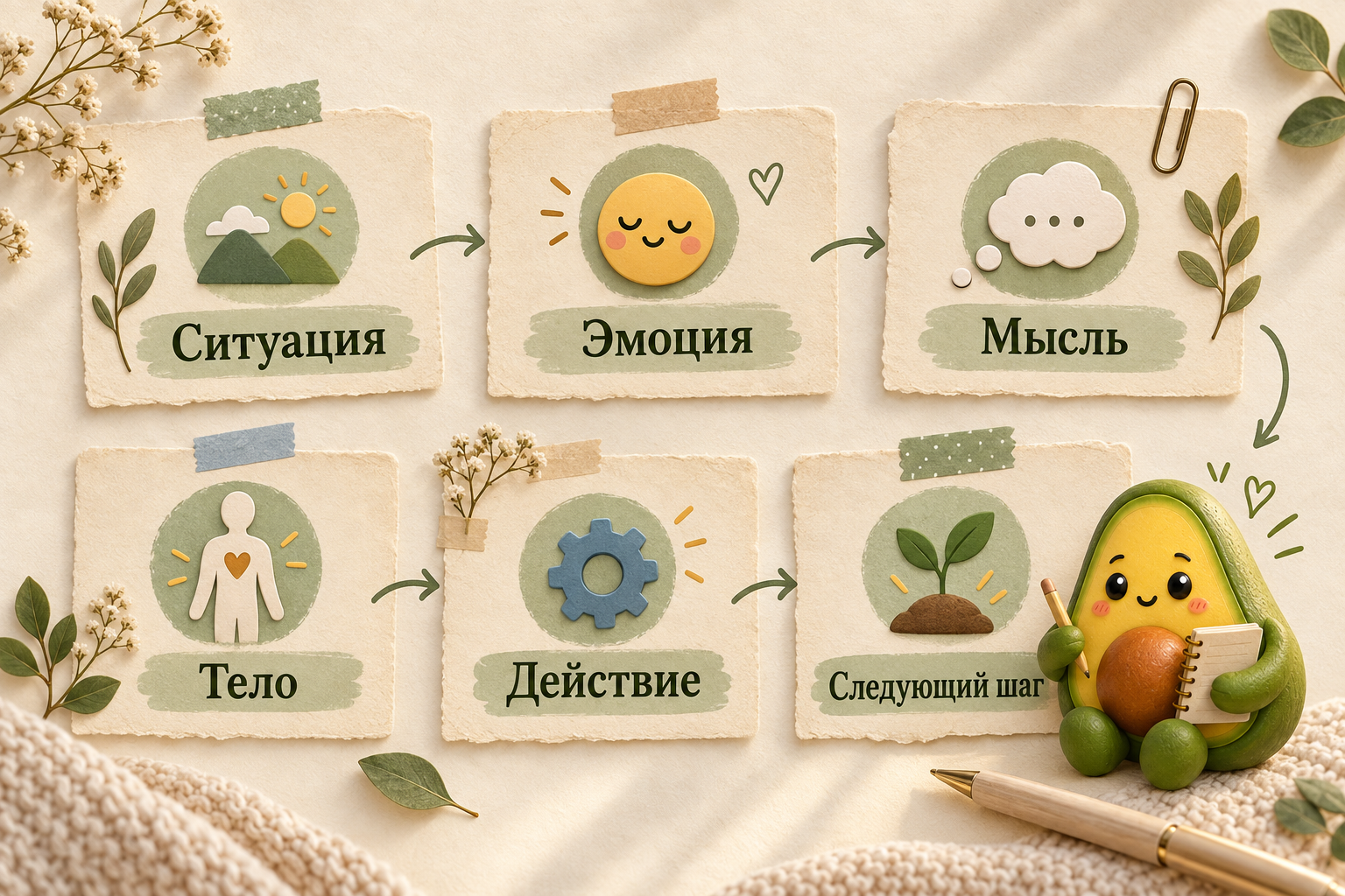 Шесть шагов записи в дневнике эмоций: ситуация, эмоция, мысль, тело, действие и следующий шаг
