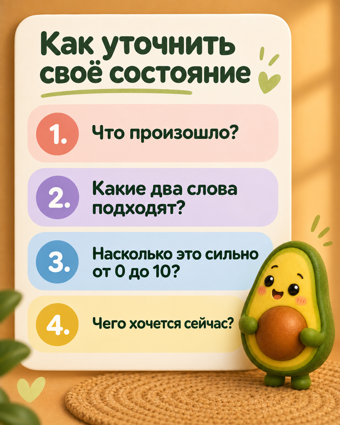 Карточка с четырьмя вопросами, которые помогают уточнить своё состояние