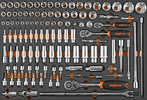 Набор головок торцевых 1/4", 3/8", 1/2"DR с аксессуарами в EVA ложементе 560x375 мм, 111 предметов,