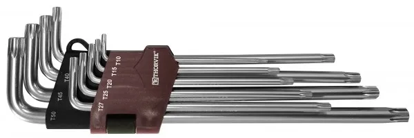 Набор ключей торцевых T-TORX® удлиненных с центрированным штифтом, Т10H-T50H, 9 шт., Thorvik TTKL9S