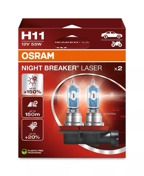 Автолампа галогенная H11 (55W PGJ192 +150%) NIGHT BREAKER LASER (евробокс, 2шт) 3200 K 12V OSRAM