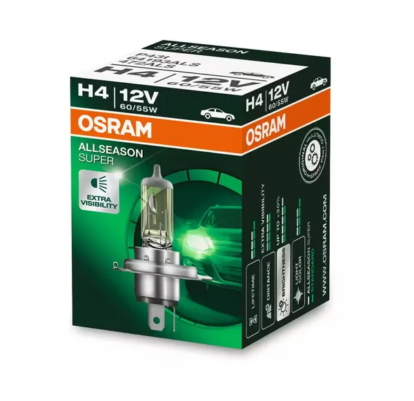 Автолампа галогенная H4 (60/55W P43T5 +30%) ALLSEASON (евробокс, 2шт) 12V OSRAM