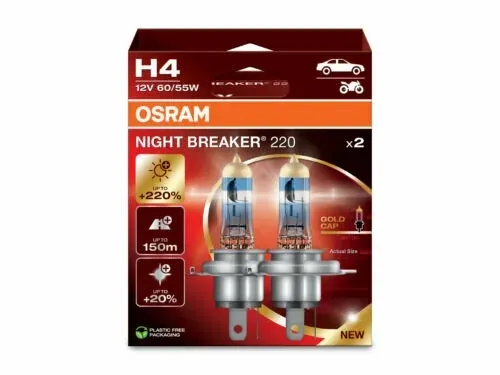 Автолампа галогенная H4 (60/55W P43T +220%) NIGHT BREAKER (блистер 2шт) 12V OSRAM