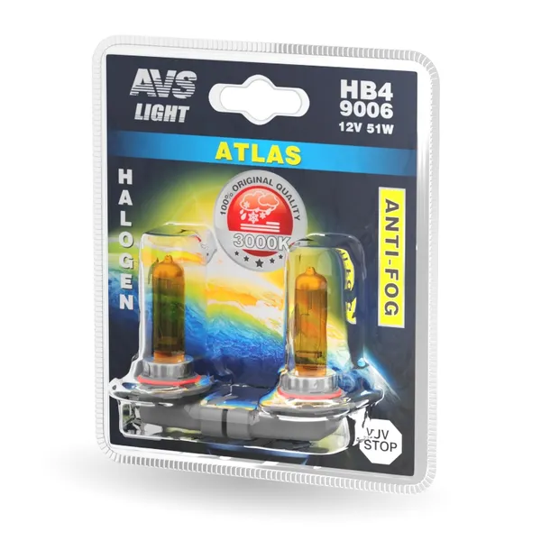 Галогенная лампа AVS /ATLAS ANTI-FOG/желтый HB4/9006.12V.51W.блистер 2шт.