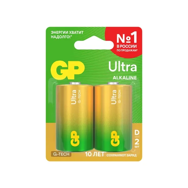 Алкалиновые батарейки GP Ultra Alkaline G-Tech 13А типоразмера D - 2 шт. на блистере