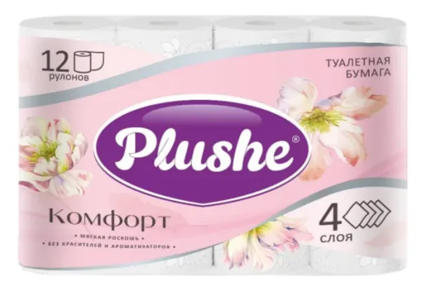 Туалетная бумага Plushe Комфорт, 4 слоя, 12 рул, 16 м, белая, 12 пач/уп.