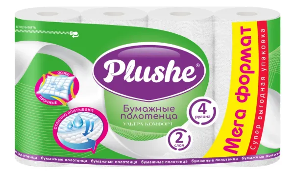 Бумажные полотенца Plushe Ультра Комфорт, 2 слоя, 4 рулуна, 15 метров, белые, 8/уп.