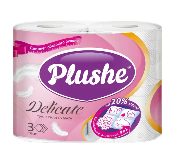 Туалетная бумага Plushe Delicate, 3 слоя, 4 рулона, 19 метров, белая, 12/уп.