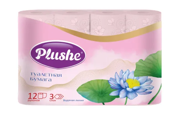Туалетная бумага Plushe Комфорт, Водяная лилия, розовый, 12 рул, 3 слоя, 12 пач/уп.