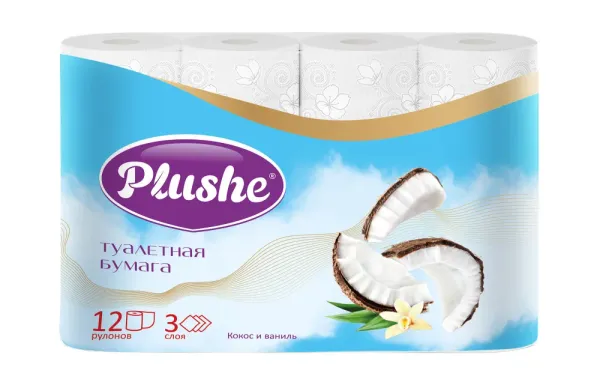 Туалетная бумага Plushe Комфорт, Кокос и ваниль, 12 рул, 3 слоя, 12 пач/уп.