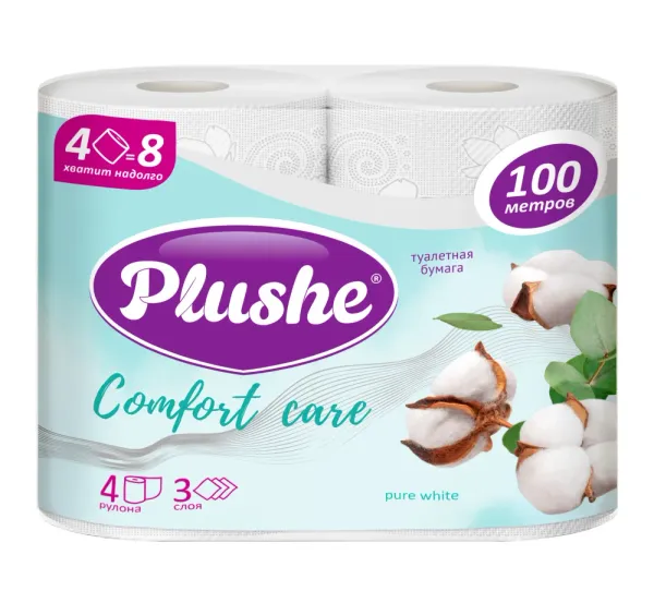 Туалетная бумага Plushe Comfort Care Pure White, 3 слоя, 4 рулона, 25 метров, 10/уп.