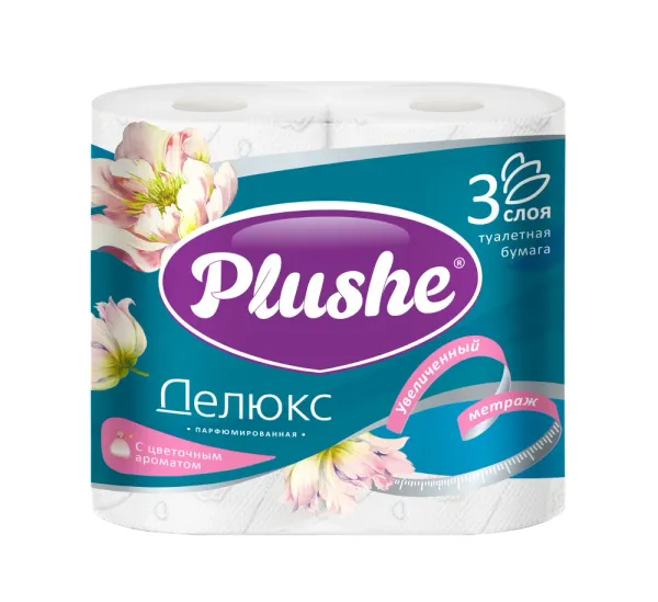 Туалетная бумага Plushe Делюкс, 3 слоя, 4 рулона, белая, с ароматом, 12/уп.
